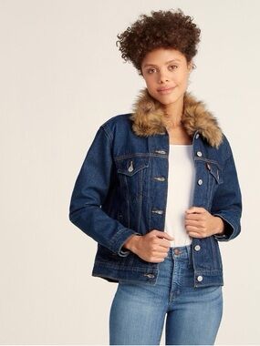 Levi's Dark Blue Denim Jacket with Faux Fur Hood Trim